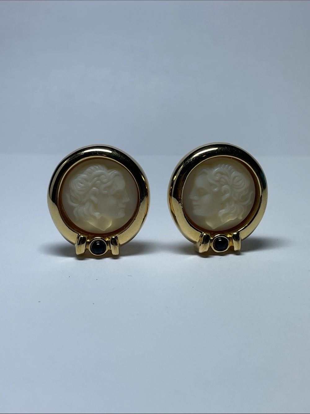 Gold-Tone Cameo Disc Clip On Earrings with Ivory Cameo and Black Accenty
